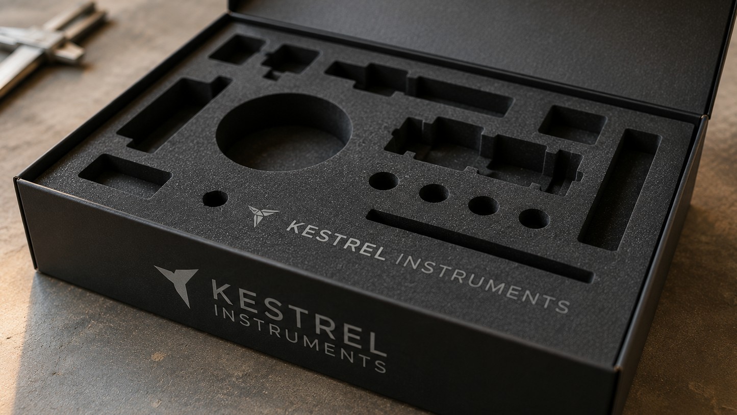 Custom box inserts with foam cavities on a workshop table