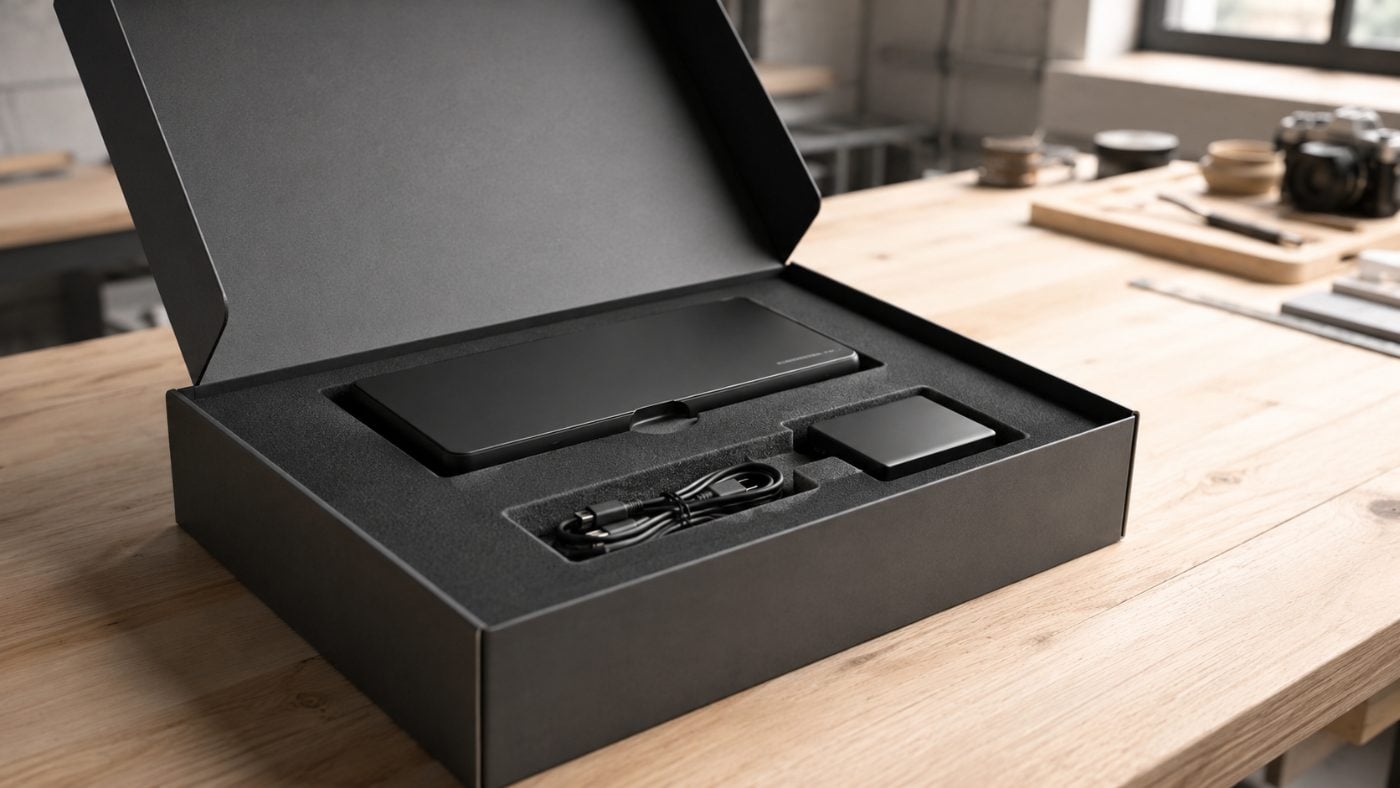 Custom CNC-routed foam insert cradling an electronic device in a premium shipping box