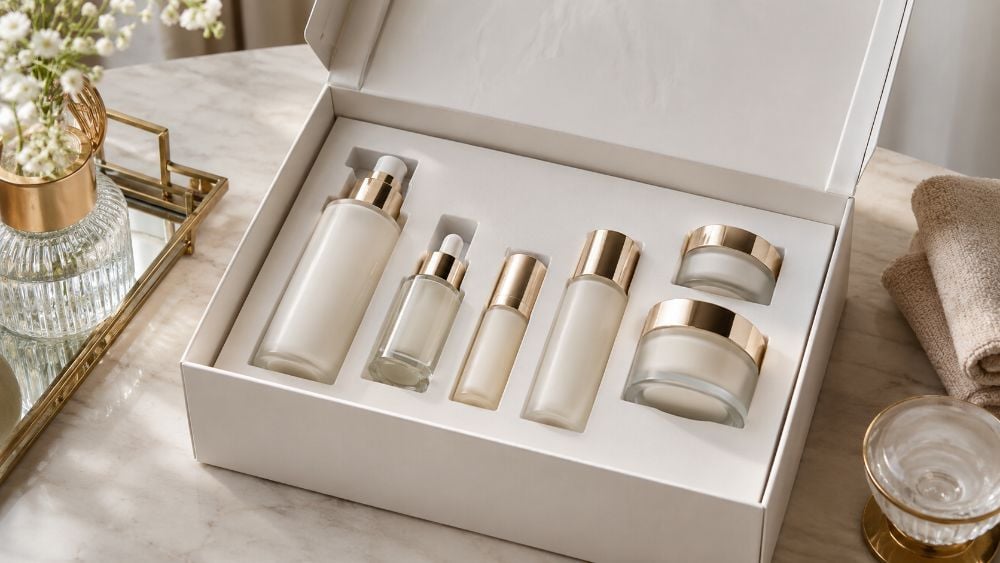 Paperboard tray presenting cosmetics bottles and jars in a premium box
