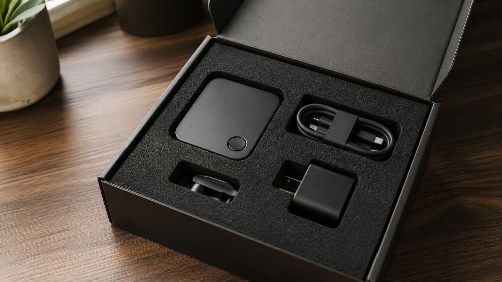 Foam insert cradling consumer electronics and accessories in a shipping box