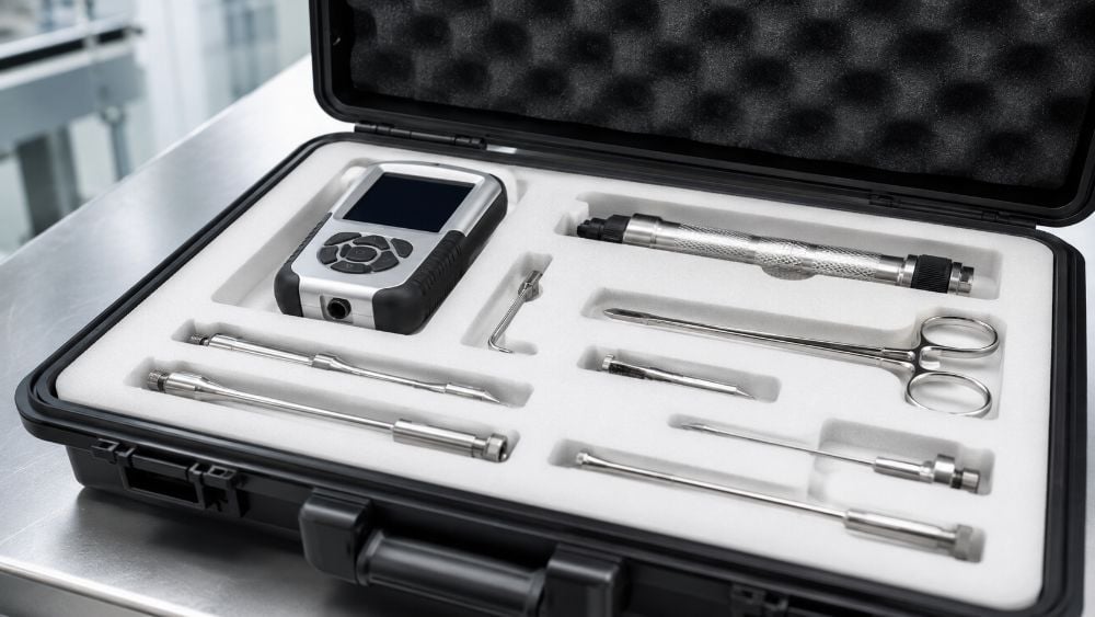 Foam nest holding stainless medical instruments in a protective case