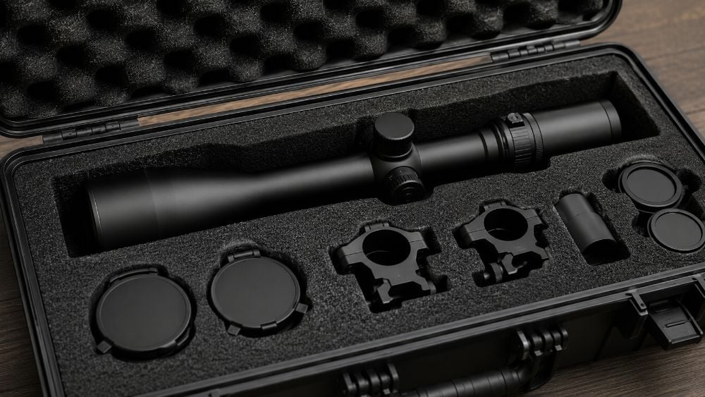 Convoluted foam cradling a rifle scope and optics accessories in a case