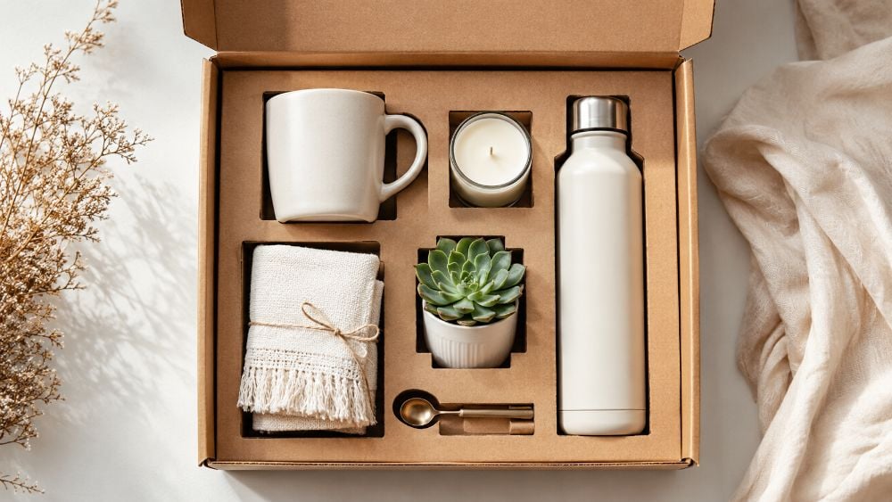 Die-cut cardboard insert staging products in an open subscription box